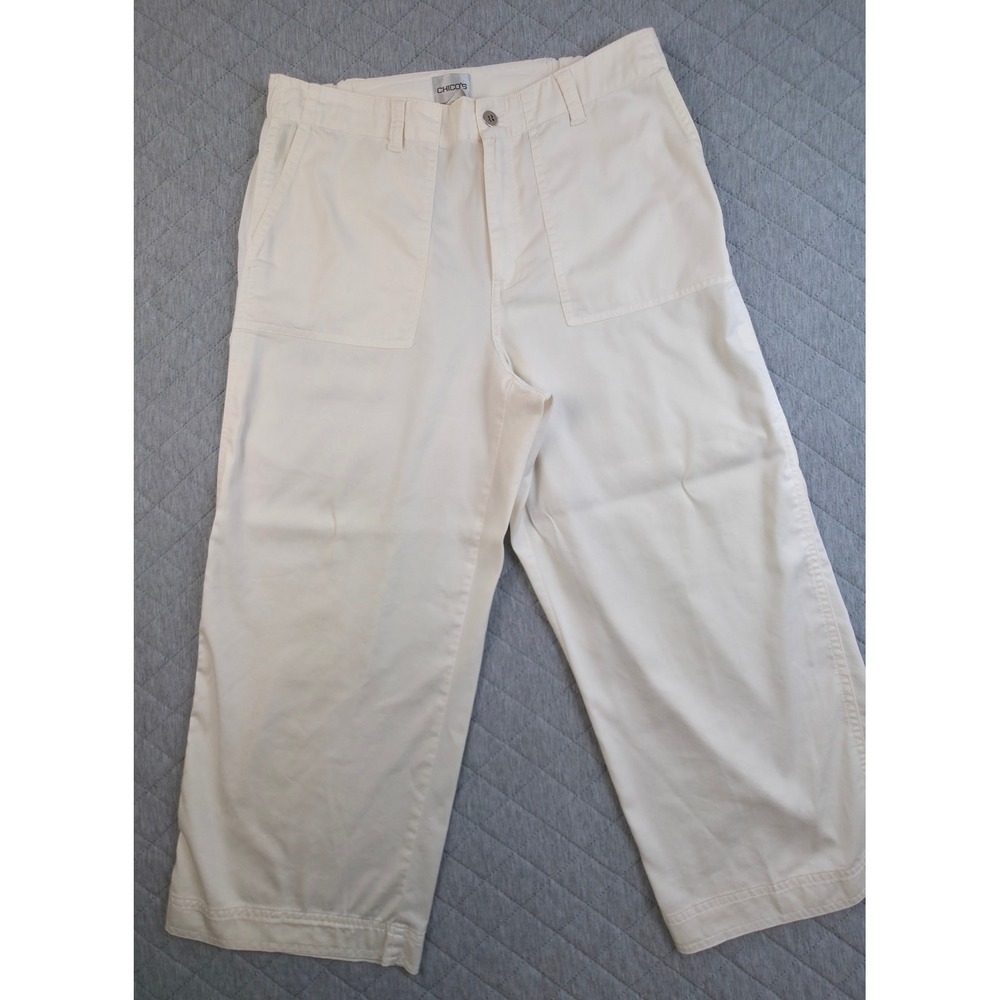Chico's Crop Pants Women 1 White Wide Leg Utility Stretch Excellent